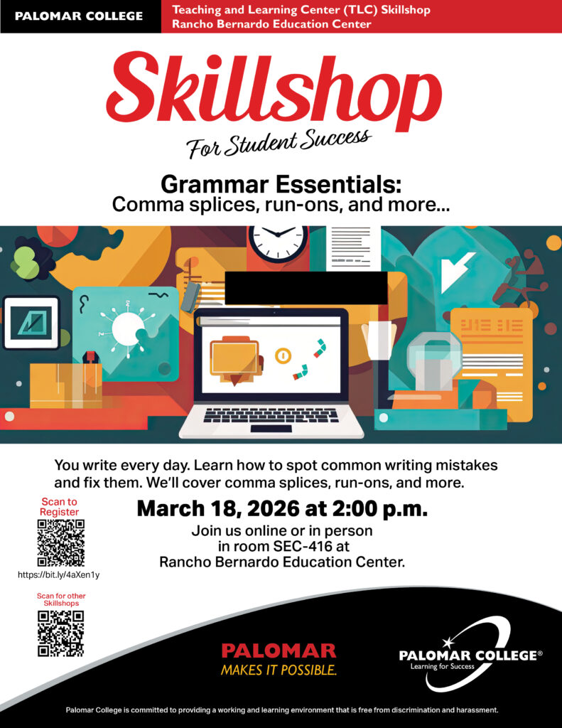 Flyer with March 18, 2026 Grammar Skillshop at 2PM in SEC-416 or online information.