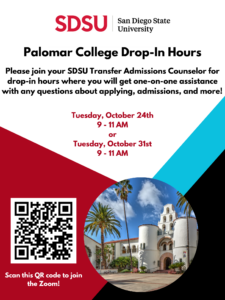 SDSU 1:1 Drop In Appointments Flyer

Tuesday, October 24th 9-11am
Tuesday, October 31st  9-11am

    Link: https://SDSU.zoom.us/j/89416927747  