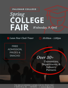 Spring 2025 college Fair located at the lawn near the clock tower from 10:00am-1:00pm on Wednesday, April 9th