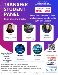 Join us for the Transfer Student Panel on April 1st, 2025 from 12:00pm-1:30pm at LRC 116. There is free parking in lot 12