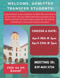 Photo of SDSU building, flyer is for a webinar for transfer students to meet with an SDSU admissions counselor to learn about student life, intent to enroll process, and more.