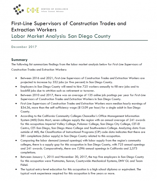 Occupational report for first-line supervisors of construction trades and extraction workers