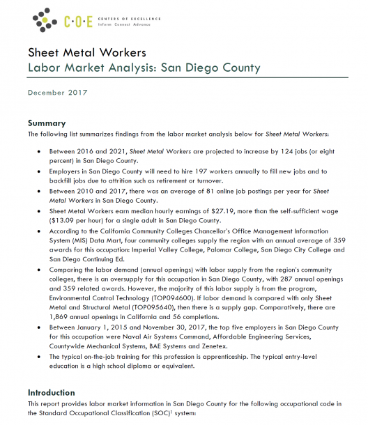 Occupational report for sheet metal workers