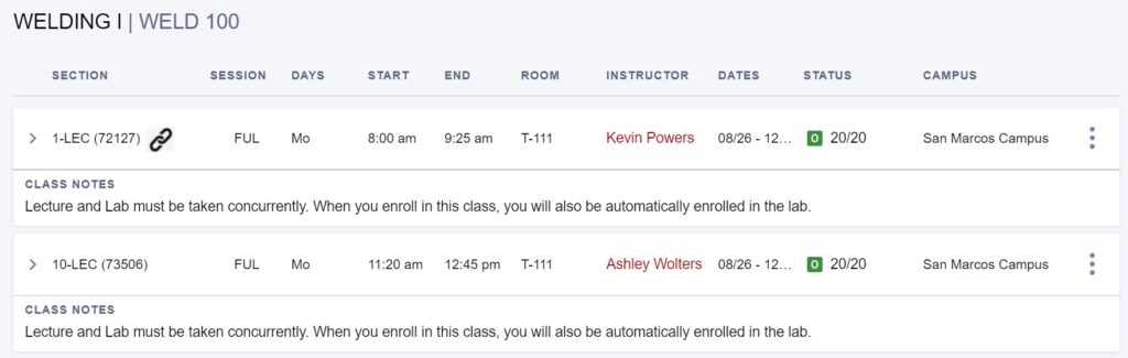 Welding Program Fall Schedule