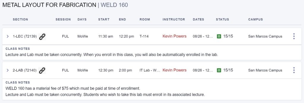 Welding Program Fall Schedule