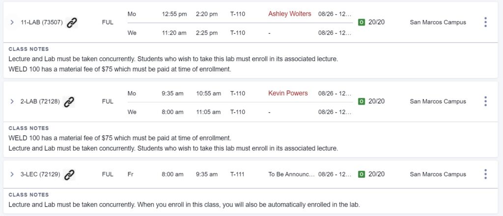 Welding Program Fall Schedule