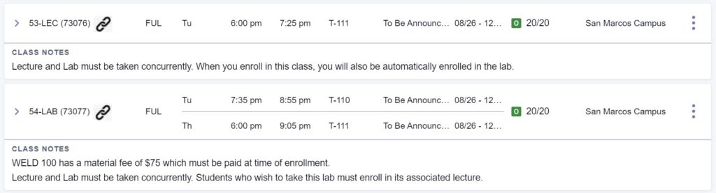 Welding Program Fall Schedule