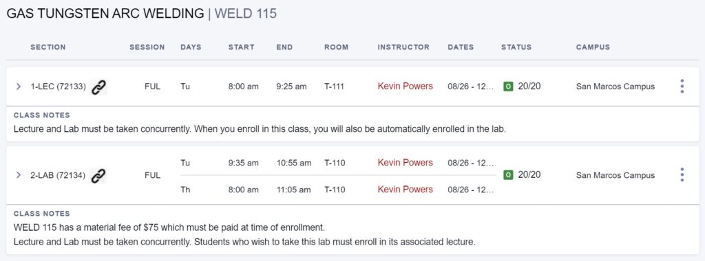 Welding Program Fall Schedule