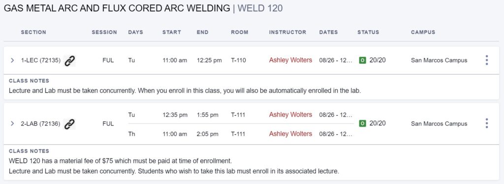 Welding Program Fall Schedule