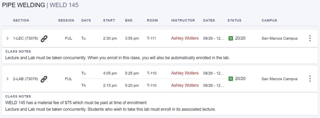 Welding Program Fall Schedule