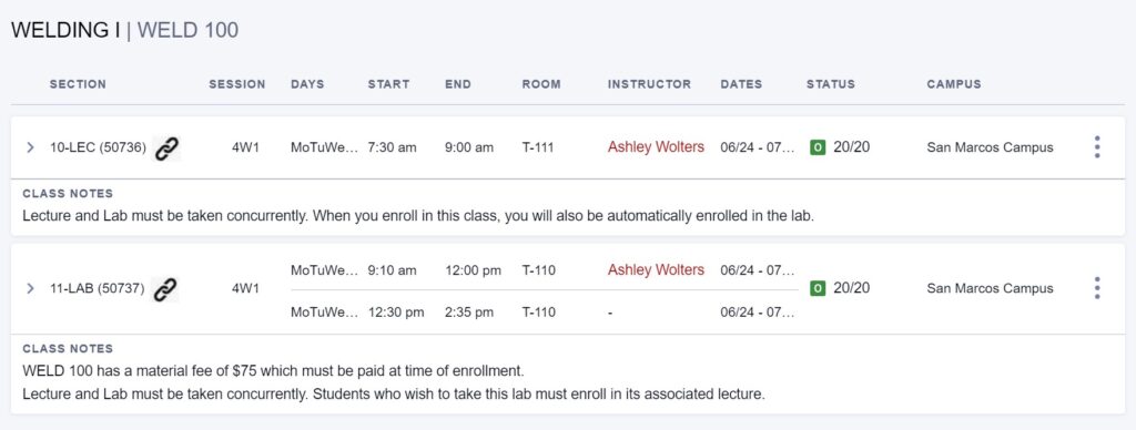 Welding Program Summer Schedule