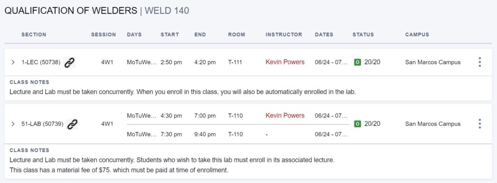 Welding Program Summer Schedule