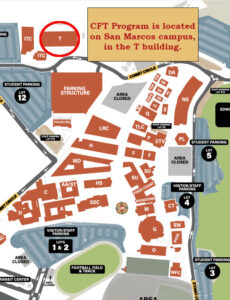 Palomar College San Marcos campus map with a caption stating CFT program is located on San Marcos campus, in the T building.
