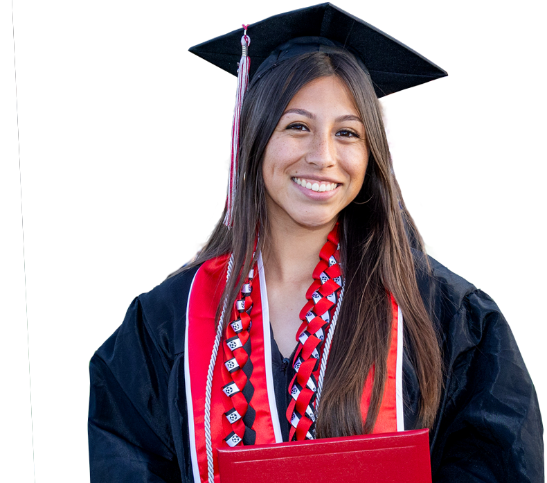 Smiling Palomar College graduate holding a diploma cover.