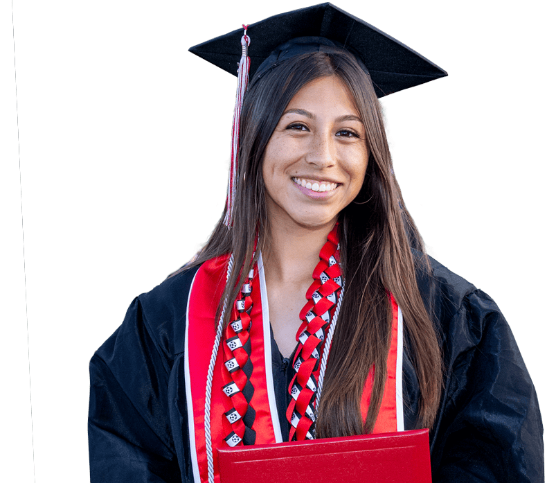 Smiling Palomar College graduate holding a diploma cover.